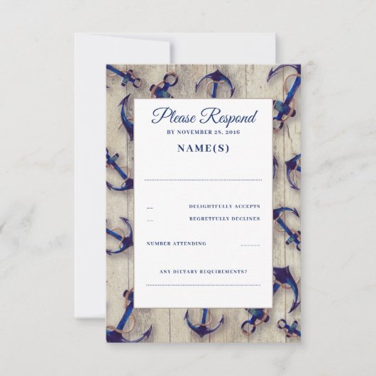 Driftwood und Navy Blue Anchors Wedding RSVP Cards Karte (Vorderseite)