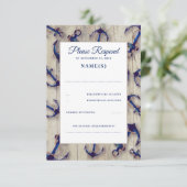 Driftwood und Navy Blue Anchors Wedding RSVP Cards Karte (Stehend Vorderseite)