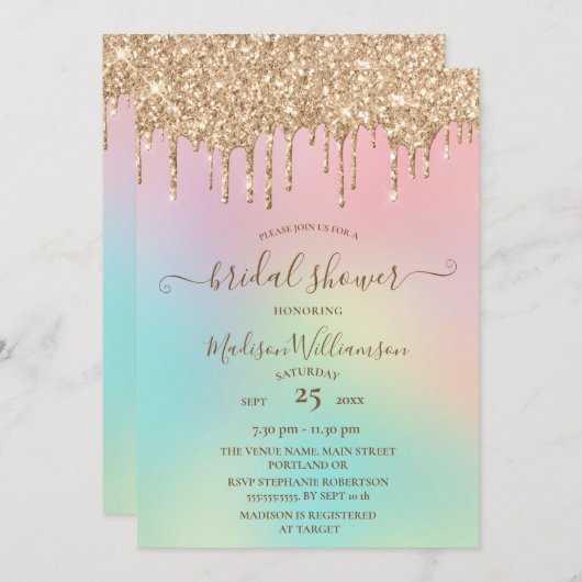 Drilling Gold Glitzer & Rainbow Brautparty Invi Einladung (Vorne/Hinten)