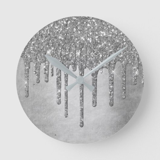 Drilling Silvery Glitzer | Platinum Imitats Metall Runde Wanduhr (Vorderseite)