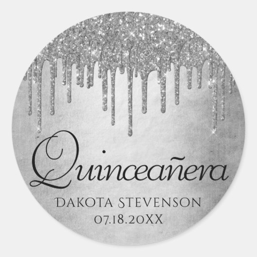 Drilling Silvery Glitzer | Platinum Quinceanera Runder Aufkleber (Vorderseite)