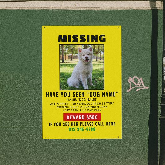 Dringende Vermisste-Hund-Haustier-Warnungsvorlage Poster
