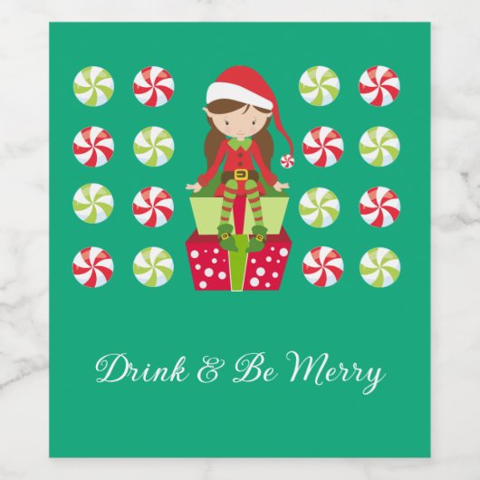 Drink and Be Merry Female Christmas Elf Custom Weinetikett (Einzelnes Label)