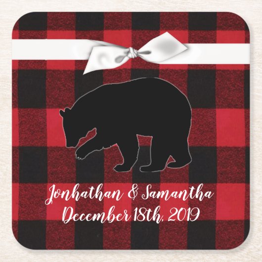 Drink Coasters Red Buffalo Kariert Bären Schwarz Rechteckiger Pappuntersetzer (Vorderseite)