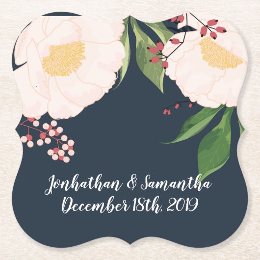 Drink Coasters White Floral Blume auf Dunkelblau Untersetzer (Vorderseite)