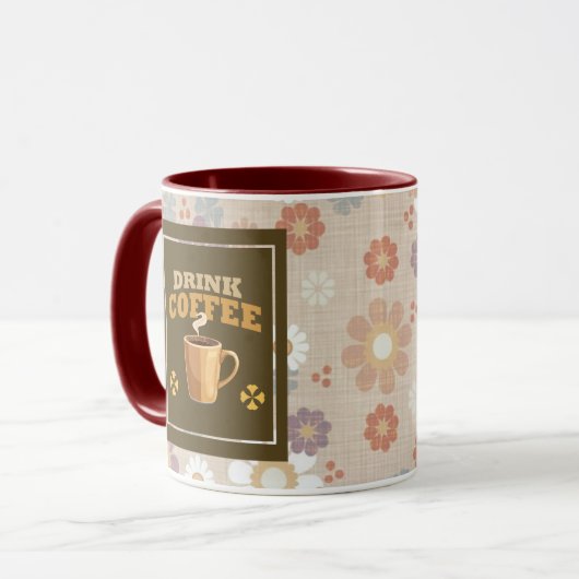 Drink Coffee Mug – Maroon Floral Aesthetic Pattern Tasse (Vorderseite Links)