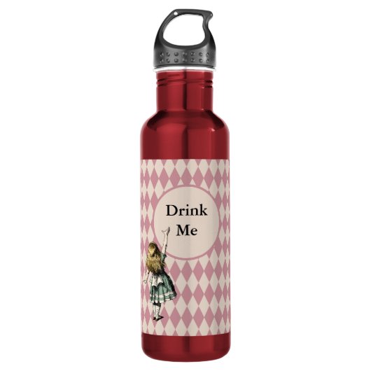 Drink Me Alice im Wunderland Green Mauve Checkered Edelstahlflasche (Vorderseite)