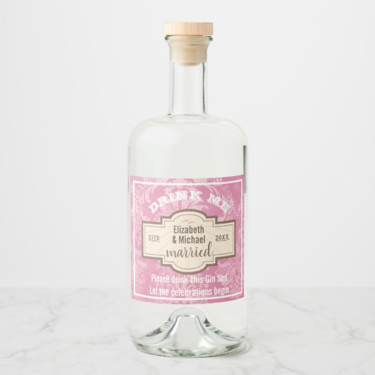 DRINK ME Pink Gin Celebrations Wedding Flasche Ges Alkoholflaschenetikett (Vorderseite)