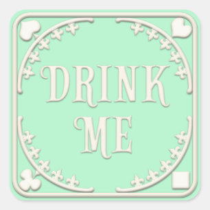 "Drink Me" Wunderland Tee Party Grün Quadratischer Aufkleber