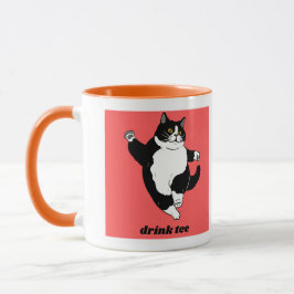 "Drink Tee" Tuxedo Cat Illustration Tasse