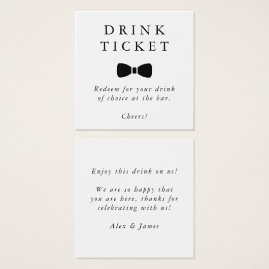 Drink Ticket Bow Krawatte Hochzeitszettel Bar Toke (Vorne & Hinten)