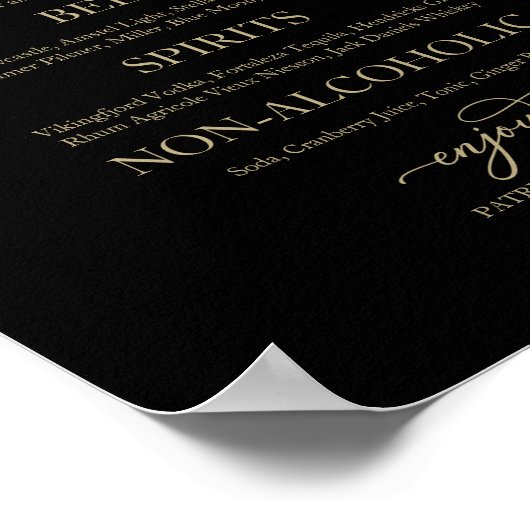 Drinks Bar Gold Calligraphy Black Wedding Sign Poster (Ecke)