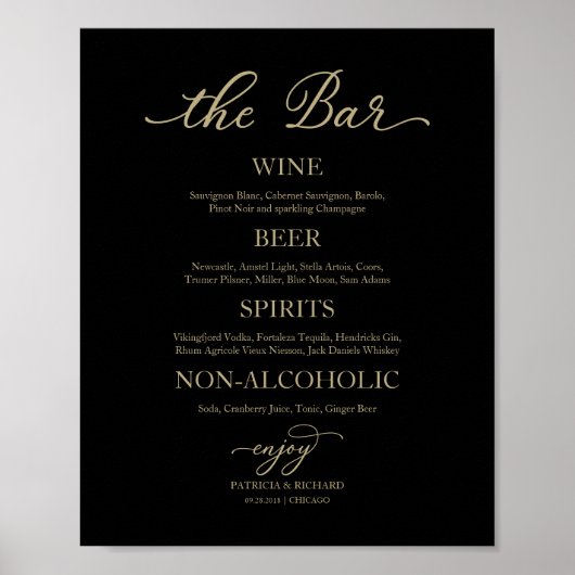 Drinks Bar Gold Calligraphy Black Wedding Sign Poster (Vorne)