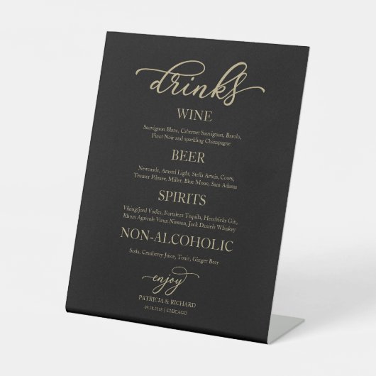 Drinks Bar Gold Script Black Wedding Sign Sockelschild (Vorderseite)