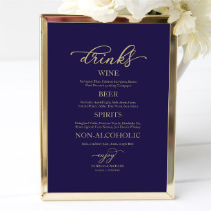 Drinks Bar Gold Script Blue Wedding Sign Poster