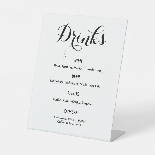 Drinks Bar Menu Schwarz-weiß Wedding Sockelschild (Vorderseite)