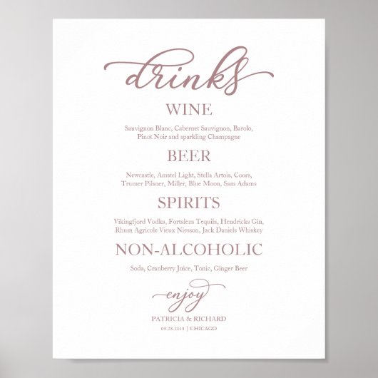 Drinks Bar Rose Gold Script Hochzeitszeichen Poster (Vorne)