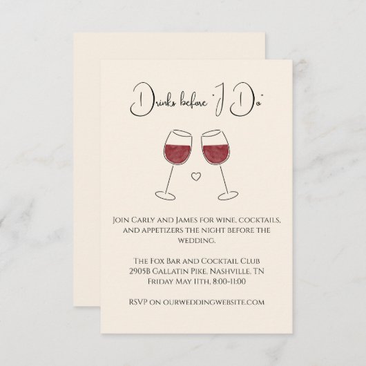 Drinks bevor ich Rotweine-Hochzeit-Probe mache Einladung (Vorne/Hinten)