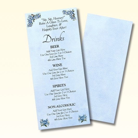 Drinks Menu Card - Blue Peony Wedding Set Menükarte