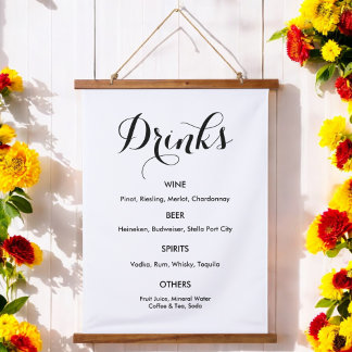 Drinks Menü Hochzeit Schwarz-weiß Wandteppich Mit Holzrahmen