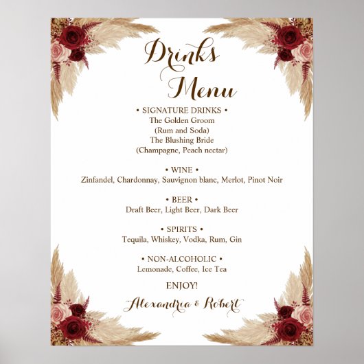 Drinks Menü Pampas Grass Bridal Wedding Poster (Vorne)