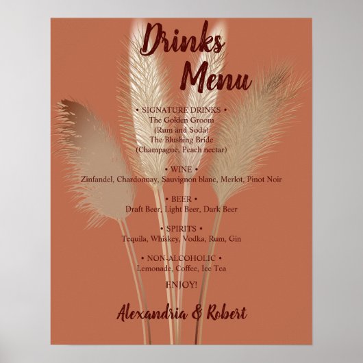 Drinks Menü Pampas Grass Bridal Wedding Sign Poster (Vorne)