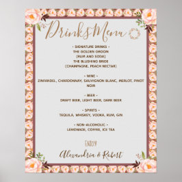 Drinks Menü Rosa Blumenrahmen Bridal Hochzeitszeic Poster