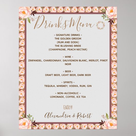 Drinks Menü Rosa Blumenrahmen Bridal Hochzeitszeic Poster (Vorne)