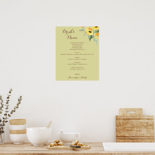 Drinks Menü Sonnenblumen Grüne Bridal Wedding Poster (Küche)