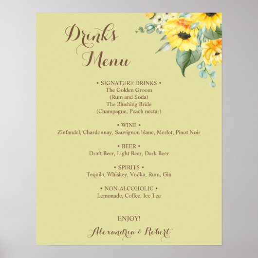 Drinks Menü Sonnenblumen Grüne Bridal Wedding Poster (Vorne)