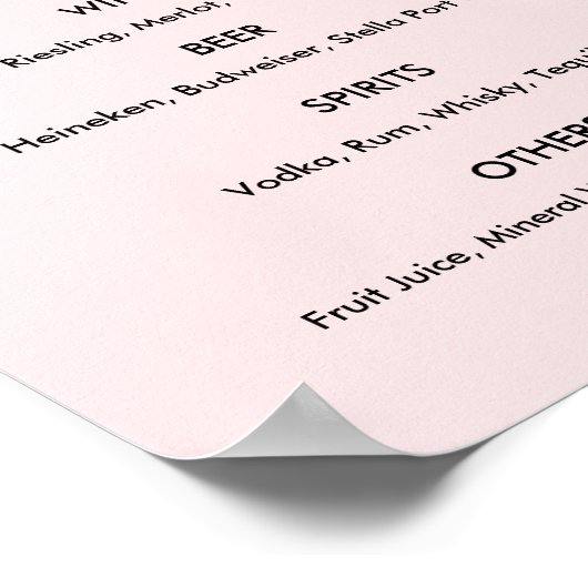 Drinks Menu Wedding Blush Pink Poster (Ecke)