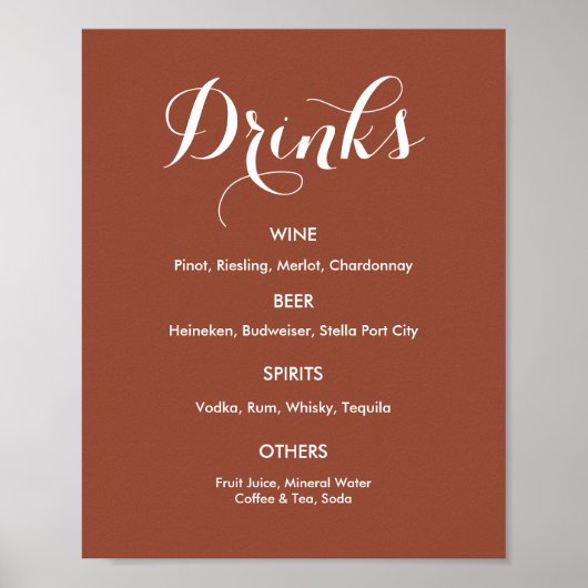 Drinks Menü Wedding Brown White Poster (Vorne)