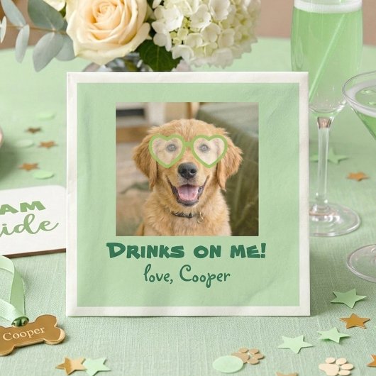 Drinks on Me Cute Fun Dog Photo Modern Green Serviette