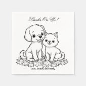 Drinks On Us Simple Drawing Cute Dog & Cat Wedding Serviette (Vorderseite)