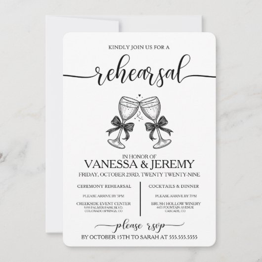 Drinks und Bows Probe Abendessen Einladung (Vorderseite)