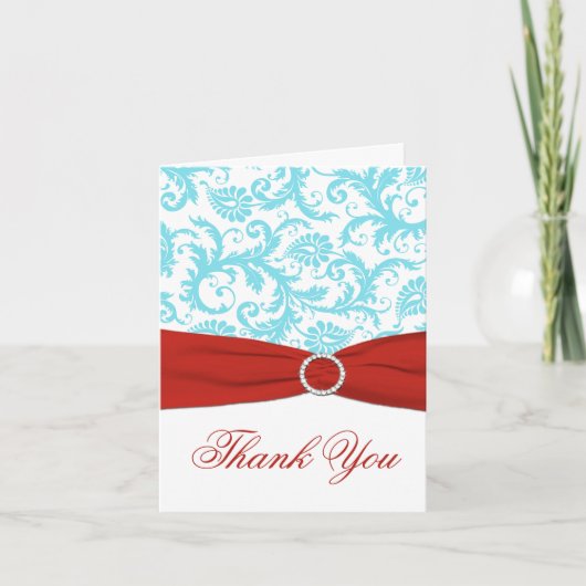 DRINTED RIBBON Aqua White Damask Vielen Dank Dankeskarte (Vorderseite)