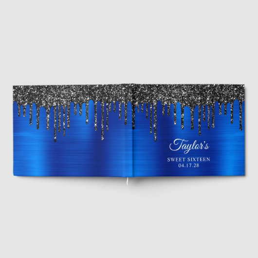 Dripping Black Glitzer Royal Blue Glam Sweet 16 Gästebuch (Voll)