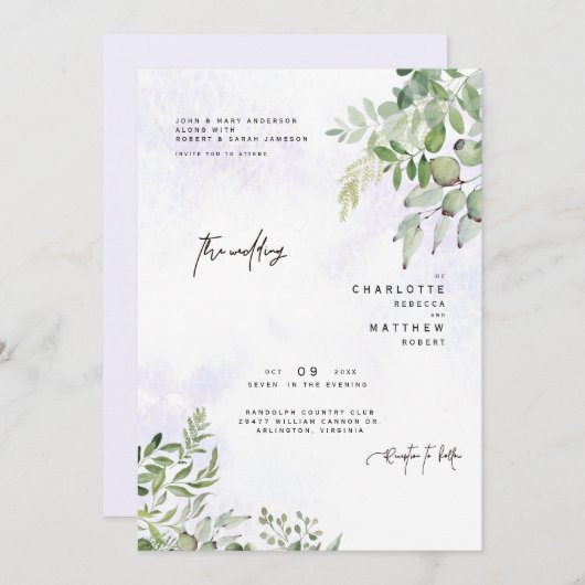 Dripping Foliage Dreamy Lavender Wedding Einladung (Vorne/Hinten)