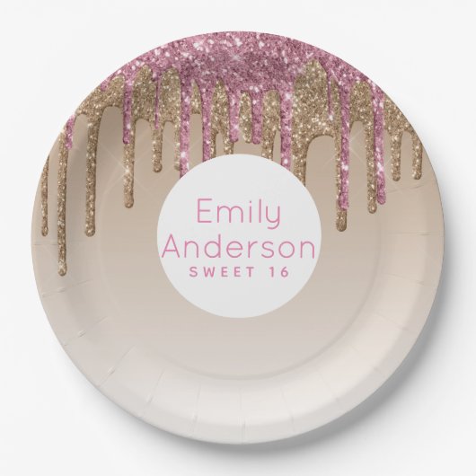 Dripping Glitzer Sweet16 Rose Gold Pink 16. Party Pappteller (Vorderseite)