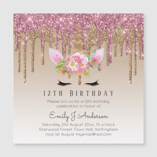 Dripping Glitzer UNICORN Rose Gold Pink 12. Magnetkarte (Vorderseite)