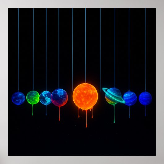 Dripping Planet Cradle – Neon Cosmic Space Art Poster (Vorne)
