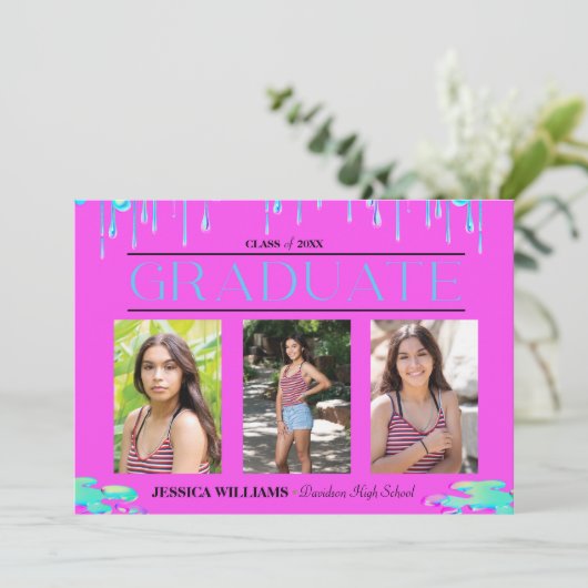 Drippy Drilling Holographic Foto Abschluss Einladung (Stehend Vorderseite)