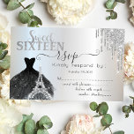 Drips Black Dress Eiffel Tower Sweet 16 RSVP  Einladung<br><div class="desc">Elegant silver glitter drips,  a black dress,  and diamond Eiffel Tower on a silver background.</div>