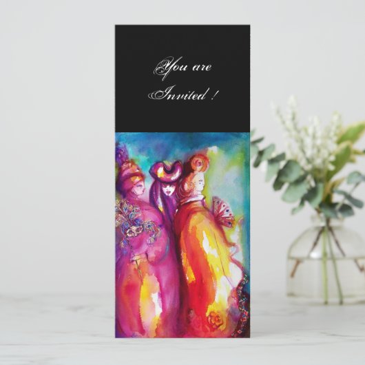 DRITTE MASK Maskerade Ball, goldgelb blau Einladung (Stehend Vorderseite)