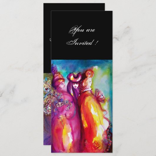 DRITTE MASK Maskerade Ball, goldgelb blau Einladung (Vorne/Hinten)