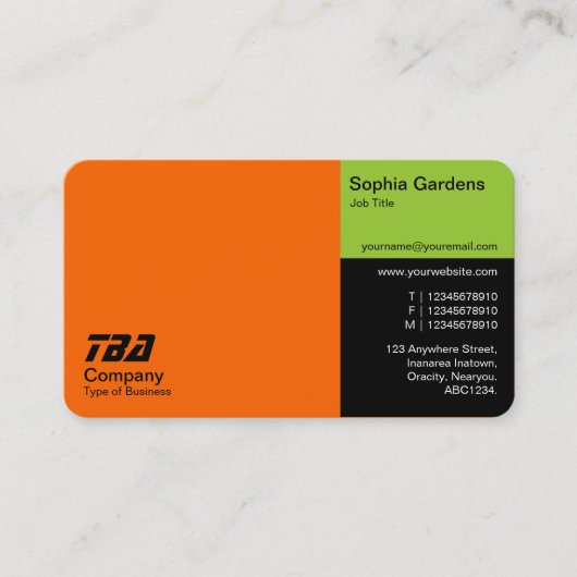 Drittens: Orange, Mars Grün und Schwarz Visitenkarte (Vorderseite)