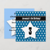 Dritter Geburtstag DREI jähriger Jungen-blaue Einladung (Vorne/Hinten)