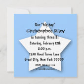 Dritter Geburtstag DREI jähriger Jungen-blaue Einladung (Rückseite)