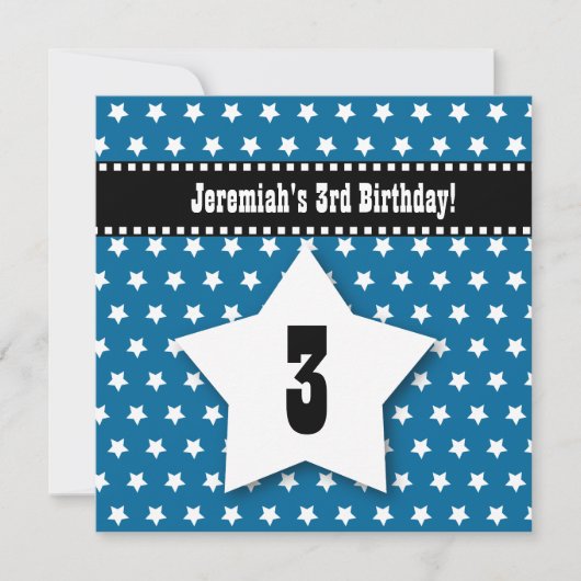 Dritter Geburtstag DREI jähriger Jungen-blaue Einladung (Vorderseite)