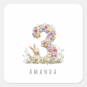 Dritter Geburtstag Floral Bunny Quadratischer Aufkleber